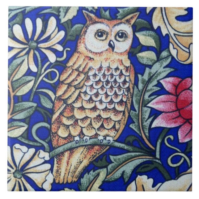William Morris Owl Tapestry, Beige and Cobalt Blue Ceramic Tile (Front)
