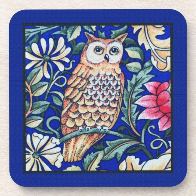 William Morris Owl Tapestry, Beige and Cobalt Blue Coaster (Front)