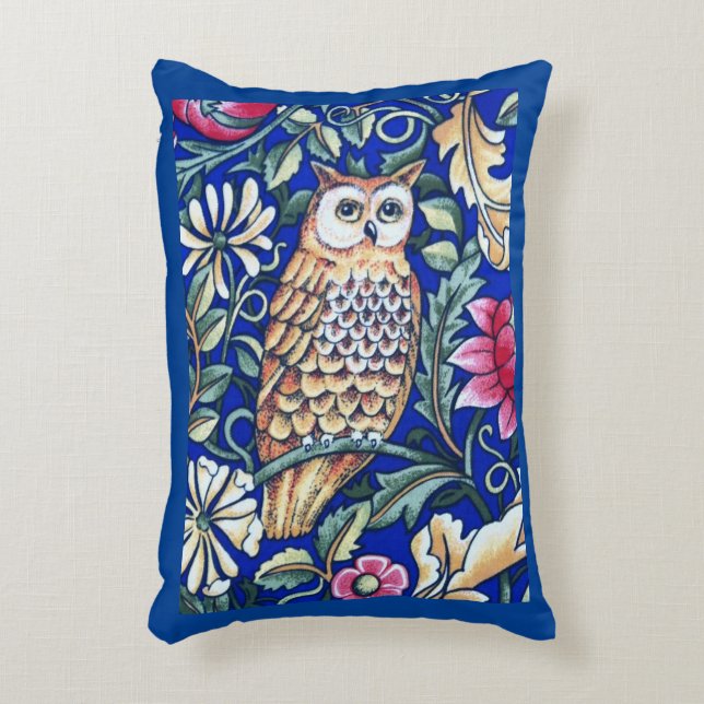 William Morris Owl Tapestry, Beige and Cobalt Blue Decorative Cushion (Front(Vertical))