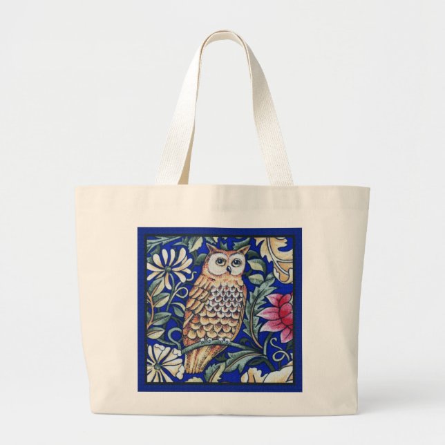 William Morris Owl Tapestry, Beige and Cobalt Blue Large Tote Bag (Front)