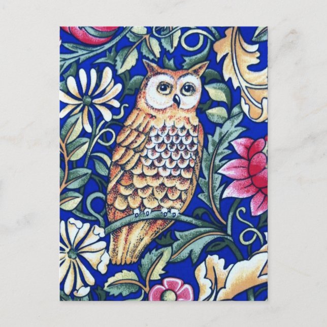 William Morris Owl Tapestry, Beige and Cobalt Blue Postcard (Front)