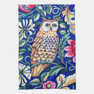William Morris Owl Tapestry, Beige and Cobalt Blue Tea Towel
