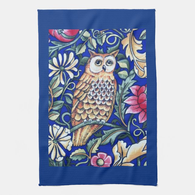 William Morris Owl Tapestry, Beige and Cobalt Blue Tea Towel (Vertical)
