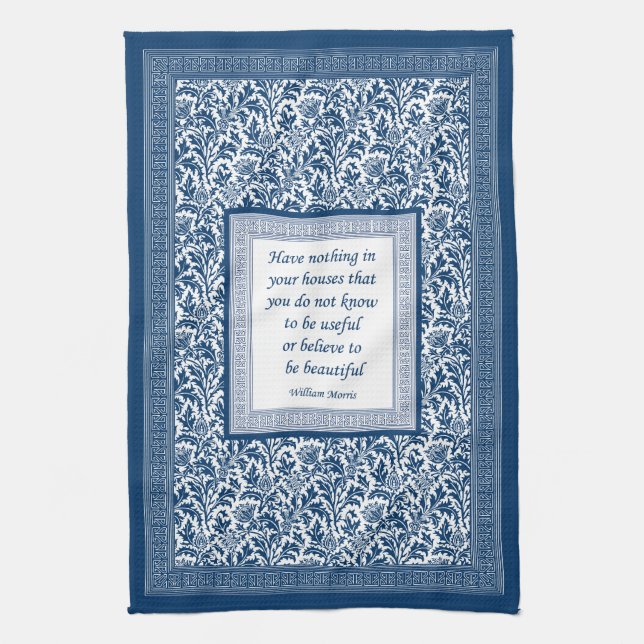William Morris Pattern and Quotation Elegant Blue Tea Towel (Vertical)