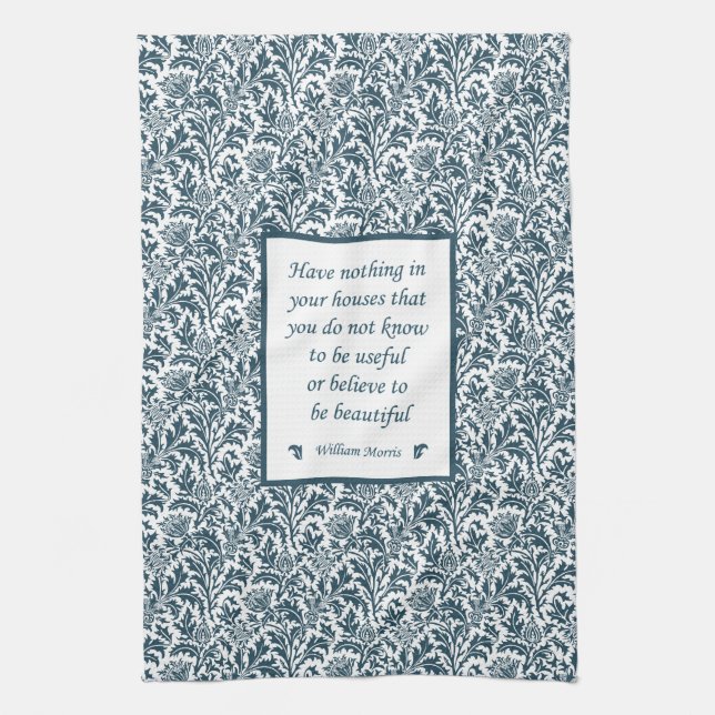 William Morris Pattern and Quotation Elegant Green Tea Towel (Vertical)