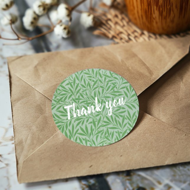 William Morris pattern Thank you sticker (William Morris Green botanical thank you sticker with white script.)