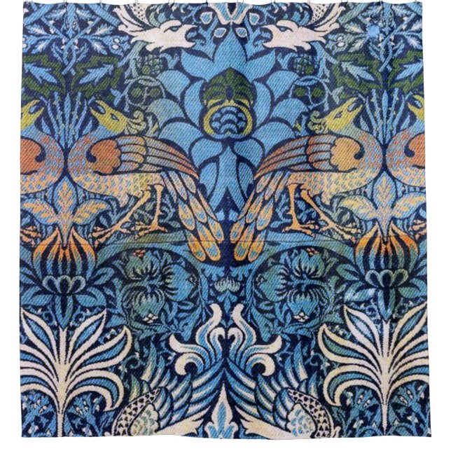 William Morris Peacock And Dragon Blue Pattern Shower Curtain (Front)