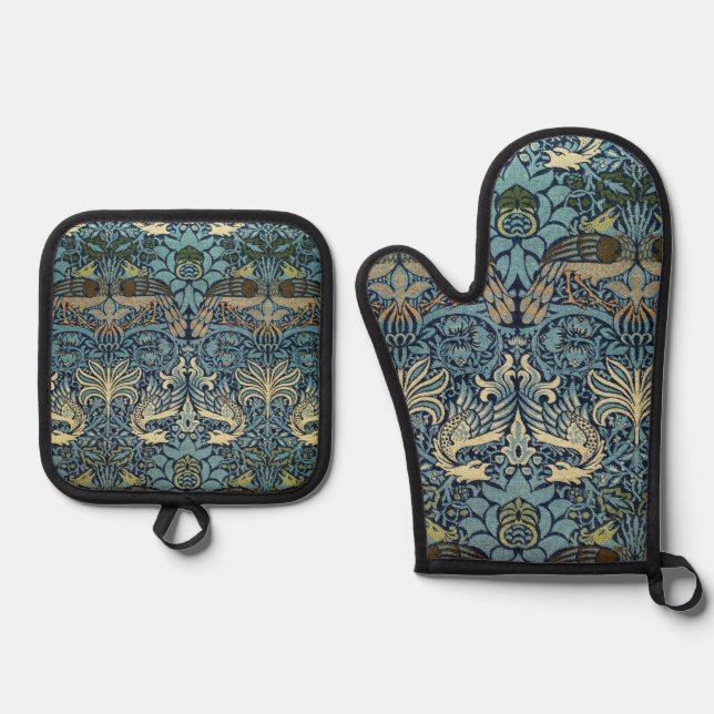 William Morris Peacock and Dragon Woven Design Oven Mitt & Pot Holder Set (Front)