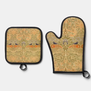 William Morris Peacock Dragon Vintage Arts Crafts Oven Mitt & Pot Holder Set