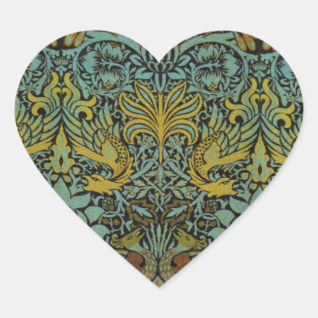 William Morris Peacock Dragon Wallpaper  Heart Sticker (Front)