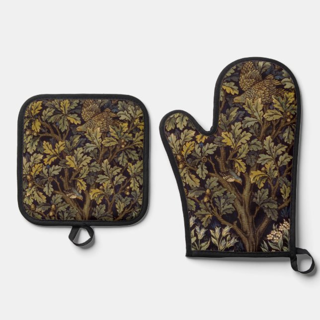 William Morris - Pheasant Bird Tree Botanical Oven Mitt & Pot Holder Set (Front)