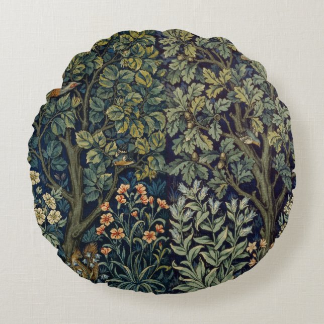 William Morris Pheasant Bird Tree Woodland Round Cushion (Front)