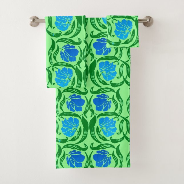 William Morris Pimpernel, Blue & Lime Green Bath Towel Set (Insitu)