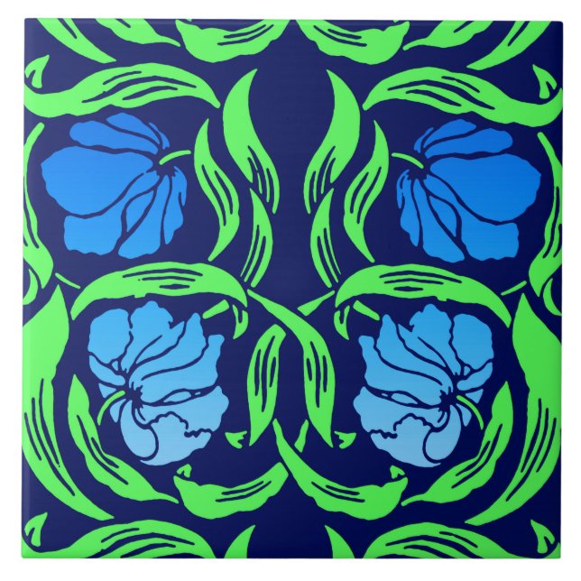 William Morris Pimpernel, Cobalt Blue and Green Ceramic Tile (Front)