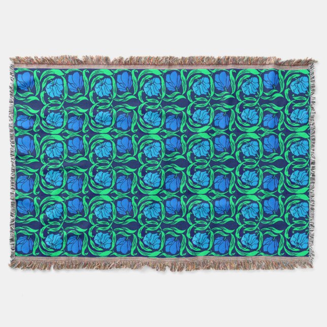William Morris Pimpernel, Cobalt Blue and Green Throw Blanket (Front)