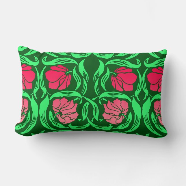 William Morris Pimpernel, Coral Pink and Green Lumbar Cushion (Front)