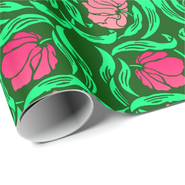 William Morris Pimpernel, Coral Pink and Green Wrapping Paper (Roll Corner)
