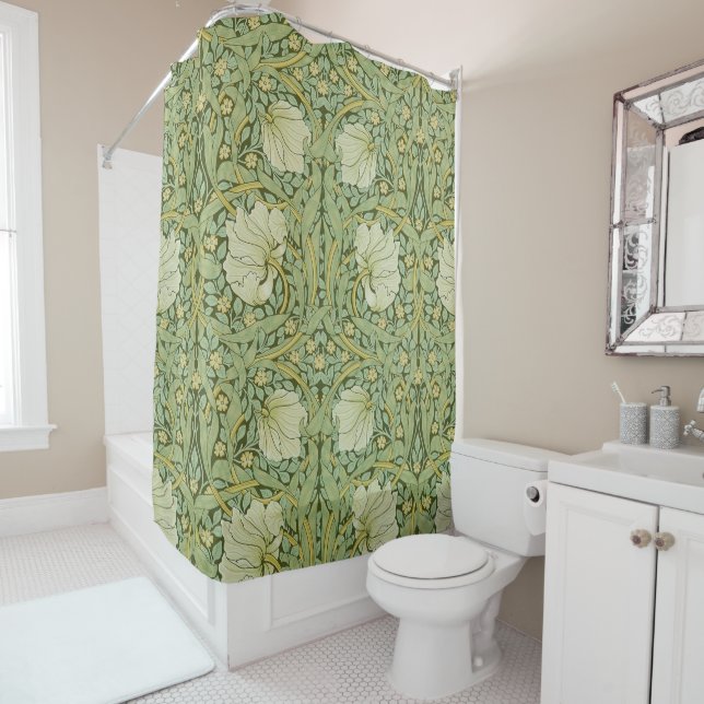 William Morris Pimpernel Floral Blue Wallpaper Shower Curtain (In Situ)