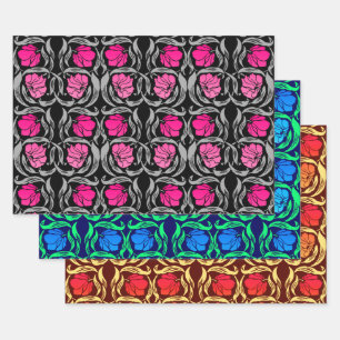 William Morris Pimpernel, Fuchsia, Blue, Brown    Wrapping Paper Sheet