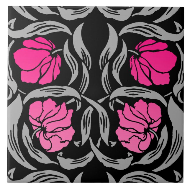William Morris Pimpernel, Fuchsia Pink and Black Ceramic Tile (Front)