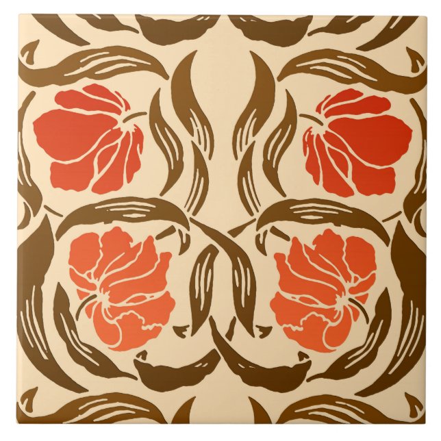 William Morris Pimpernel, Mandarin Orange & Brown Ceramic Tile (Front)