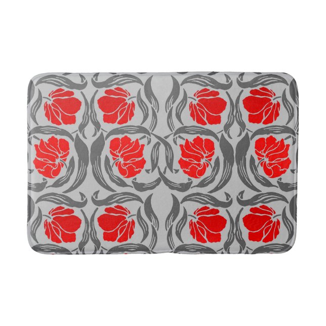 William Morris Pimpernel, Silver Grey and Red Bath Mat (Front)