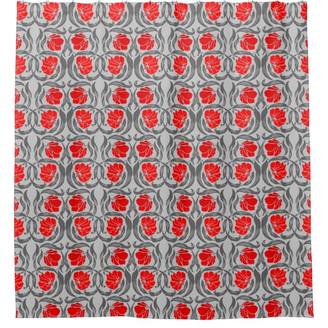 William Morris Pimpernel, Silver Grey and Red Shower Curtain (Front)