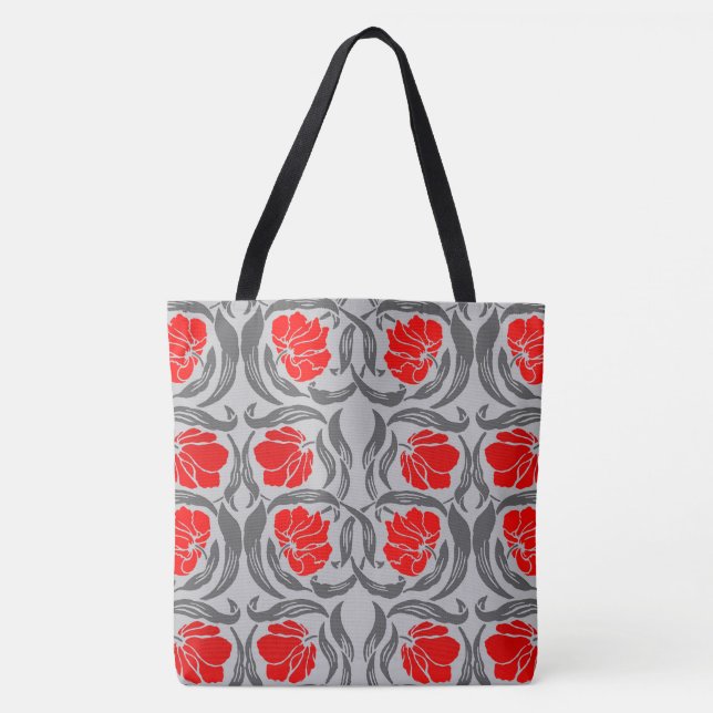 William Morris Pimpernel, Silver Grey and Red Tote Bag (Front)