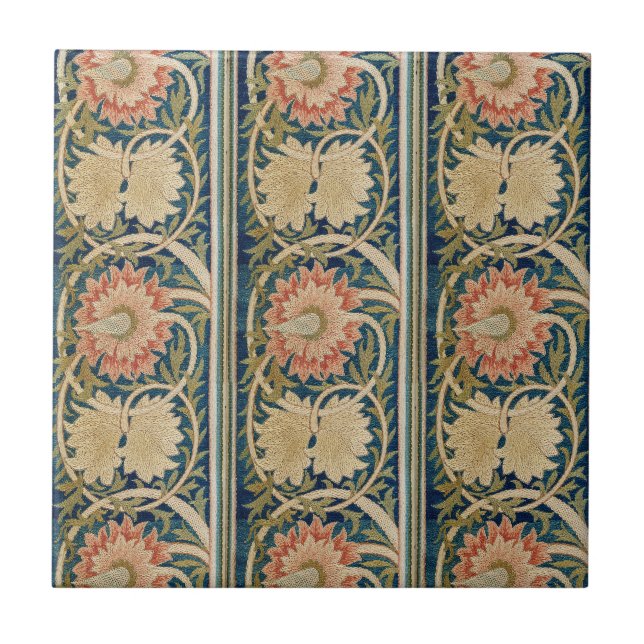 William Morris Pink Floral Silk Embroidery Antique Ceramic Tile (Front)