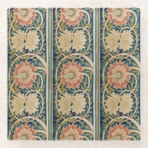 William Morris Pink Floral Silk Embroidery Antique Glass Coaster