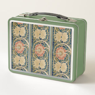 William Morris Pink Floral Silk Embroidery Antique Metal Lunch Box
