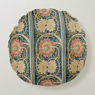 William Morris Pink Floral Silk Embroidery Antique Round Cushion