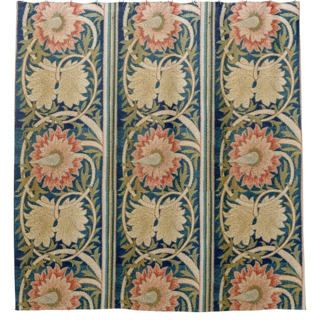 William Morris Pink Floral Silk Embroidery Antique Shower Curtain (Front)
