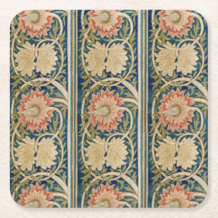 William Morris Pink Floral Silk Embroidery Antique Square Paper Coaster