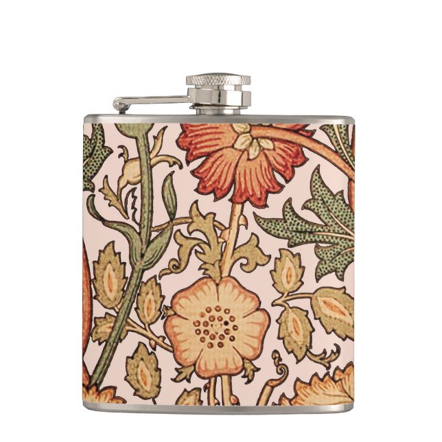 William Morris Pink Rose Flower Wallpaper Pattern Hip Flask (Front)