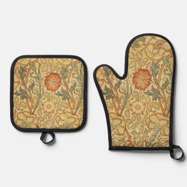 William Morris Pink Rose Flower Wallpaper Pattern Oven Mitt & Pot Holder Set (Front)