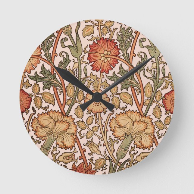 William Morris Pink Rose Flower Wallpaper Pattern Round Clock (Front)