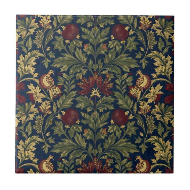 William Morris Pomegranate Floral Navy Pattern Ceramic Tile (Front)