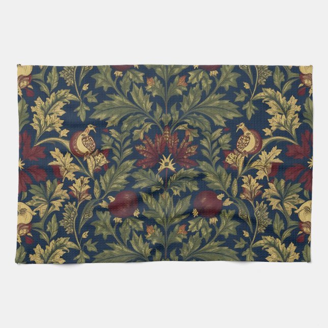 William Morris Pomegranate Floral Navy Pattern Tea Towel (Horizontal)