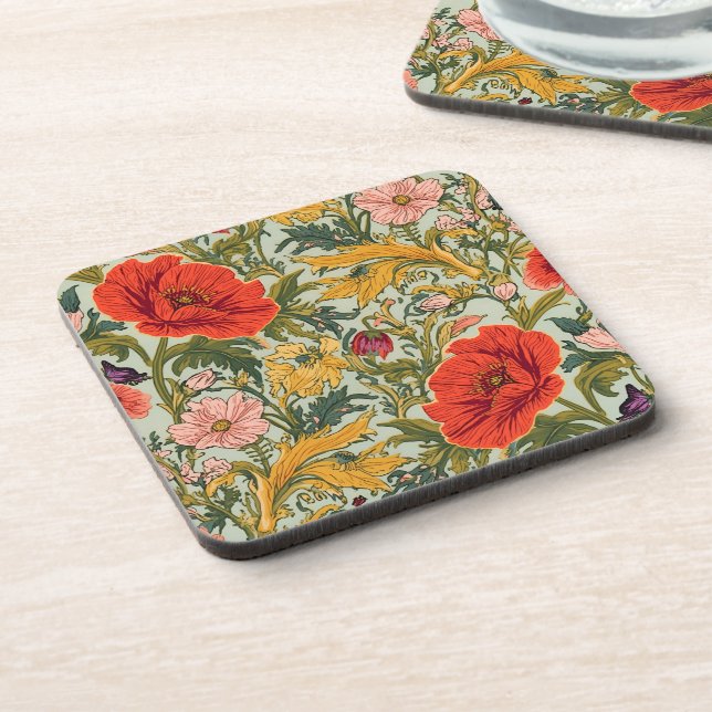 William Morris Poppies Floral Art Nouveau Pattern  Coaster (Left Side)