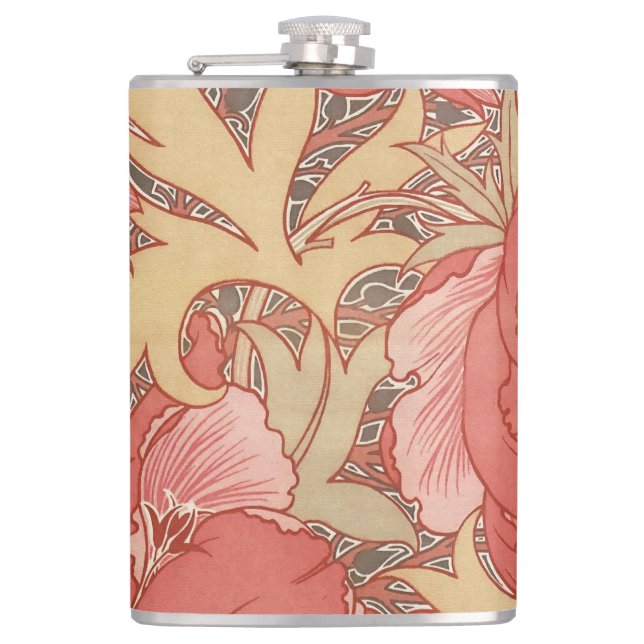 William Morris Poppies Floral Art Nouveau Pattern Hip Flask (Front)