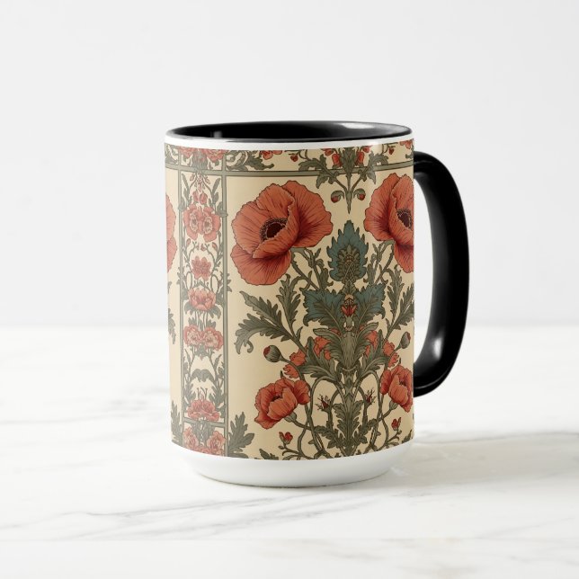 William Morris Poppies Floral Art Nouveau Pattern  Mug (Front Right)