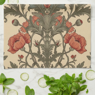 William Morris Poppies Floral Art Nouveau Pattern Tea Towel