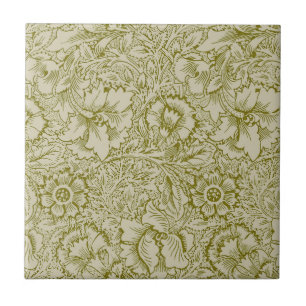 William Morris Poppy Classic Floral Green Ceramic Tile