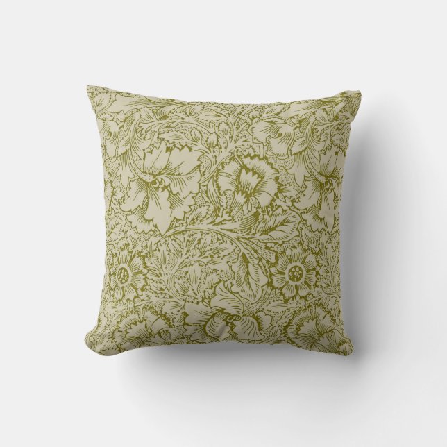 William Morris Poppy Classic Floral Green Cushion (Front)