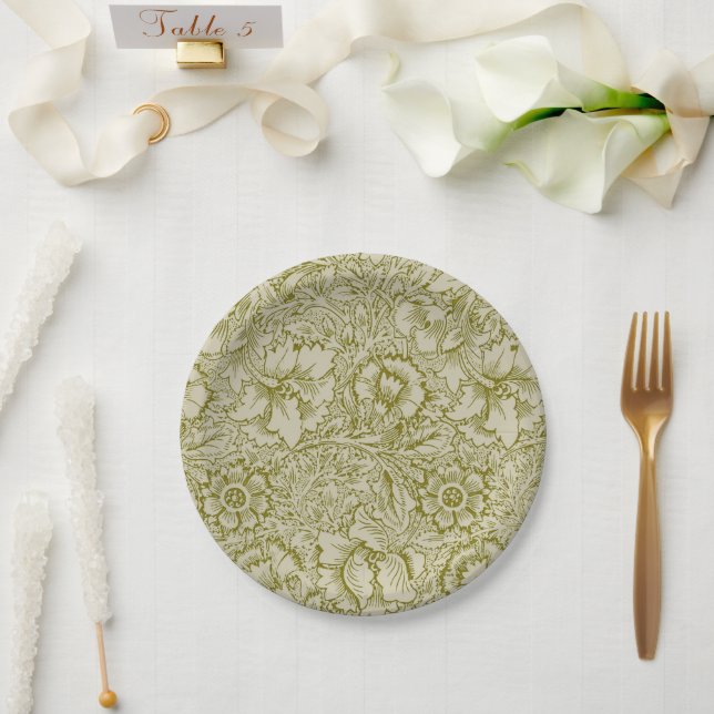 William Morris Poppy Classic Floral Green Paper Plate (Wedding)