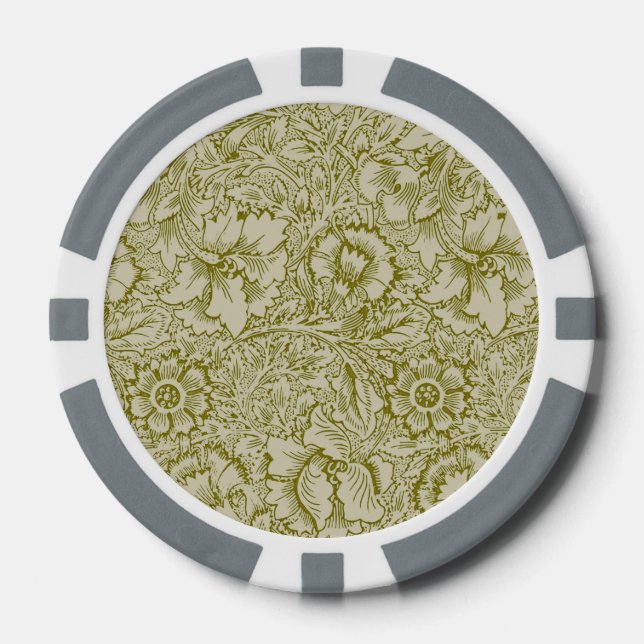William Morris Poppy Classic Floral Green Poker Chips (Front)