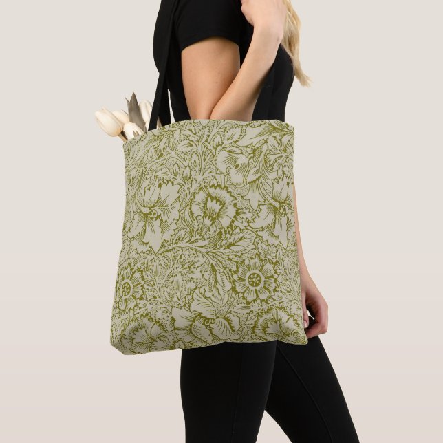 William Morris Poppy Classic Floral Green Tote Bag (Close Up)