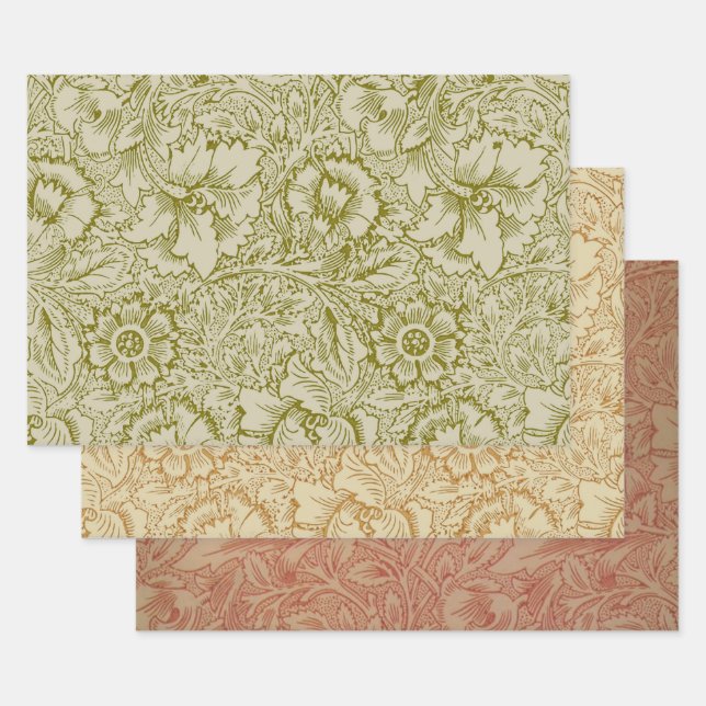William Morris Poppy Classic Floral Green Wrapping Paper Sheet (Set)