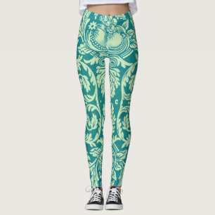 William Morris Queen Anne Teal Bird Floral Art Leggings